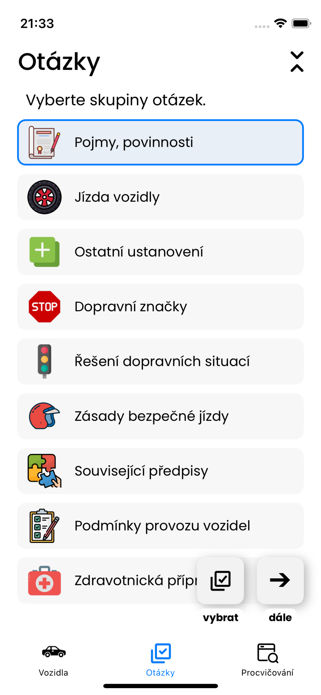 Výběr skupiny otázek