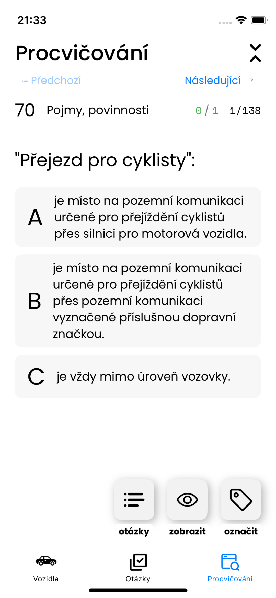 Obrazovka procvičování